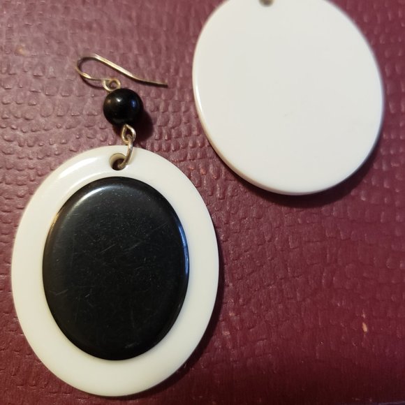 Vintage Black and White Drop Earrings, Bold, Mod Culture. Modern. - Picture 3 of 4